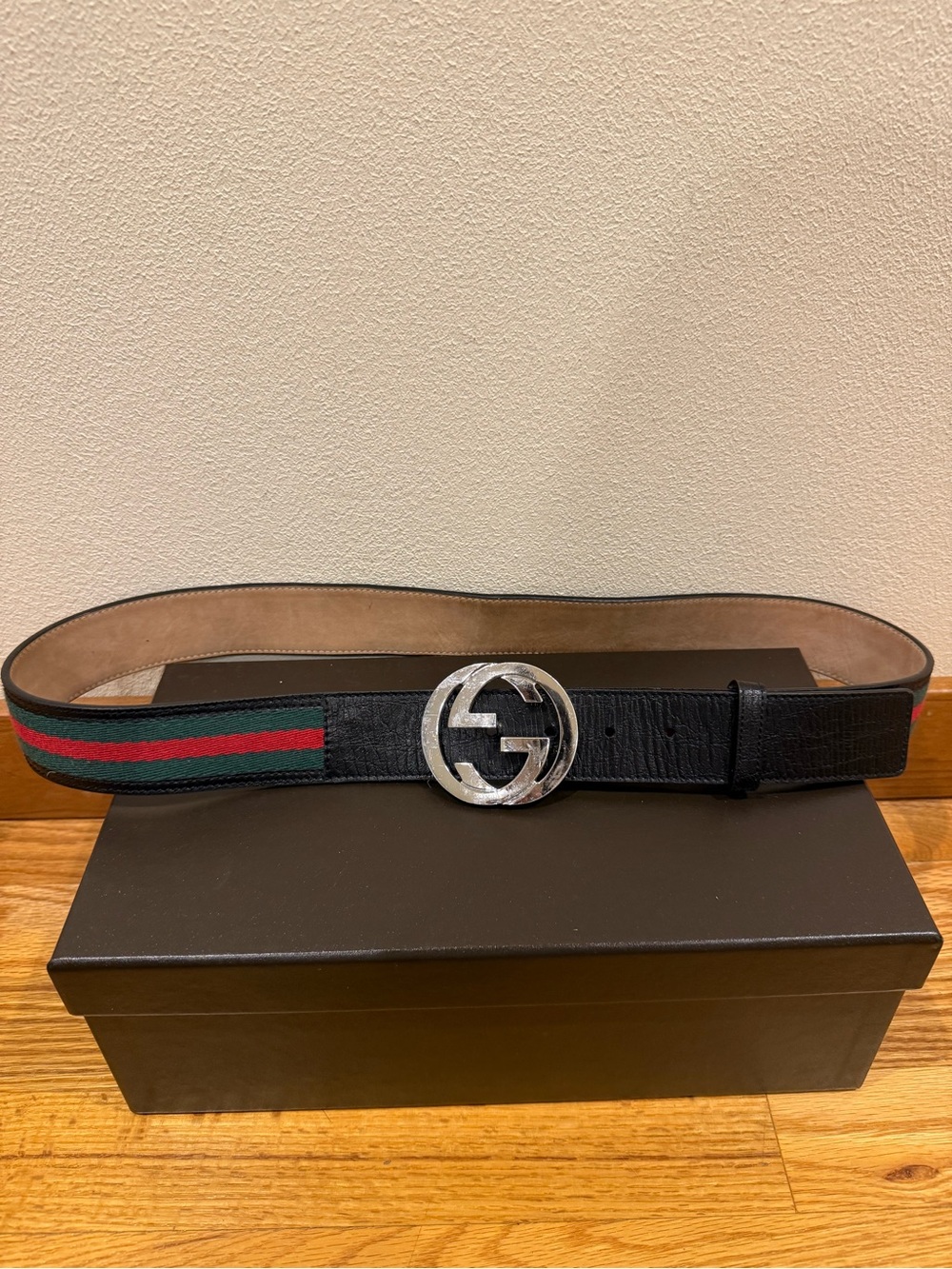 Gucci Web Canvas Black Leather Belt 114984 Silver Interlocking G Buckle 100/40